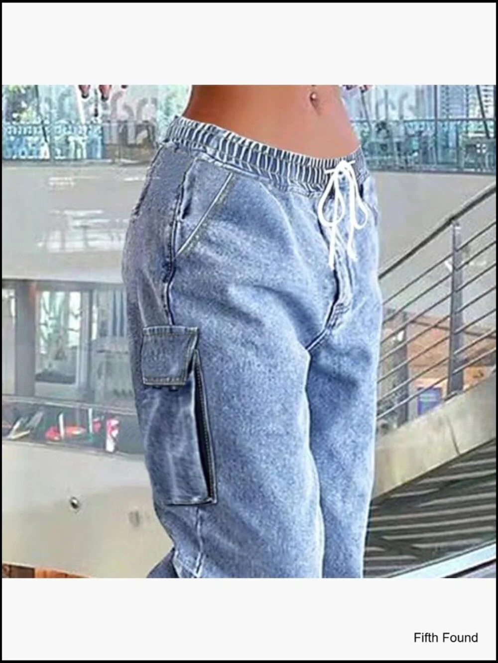 Mid Rise Cargo Jeans Elastic Waist Stretch Wide Leg Denim Pants with Pockets - Picture 4 of 7